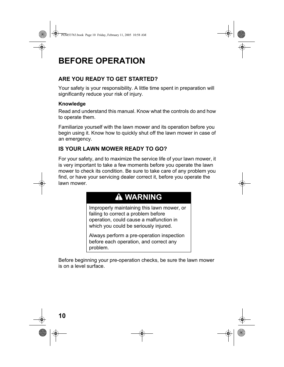 Before operation, Are you ready to get started, Is your lawn mower ready to go | Warning | HONDA HRR216TKA User Manual | Page 12 / 66