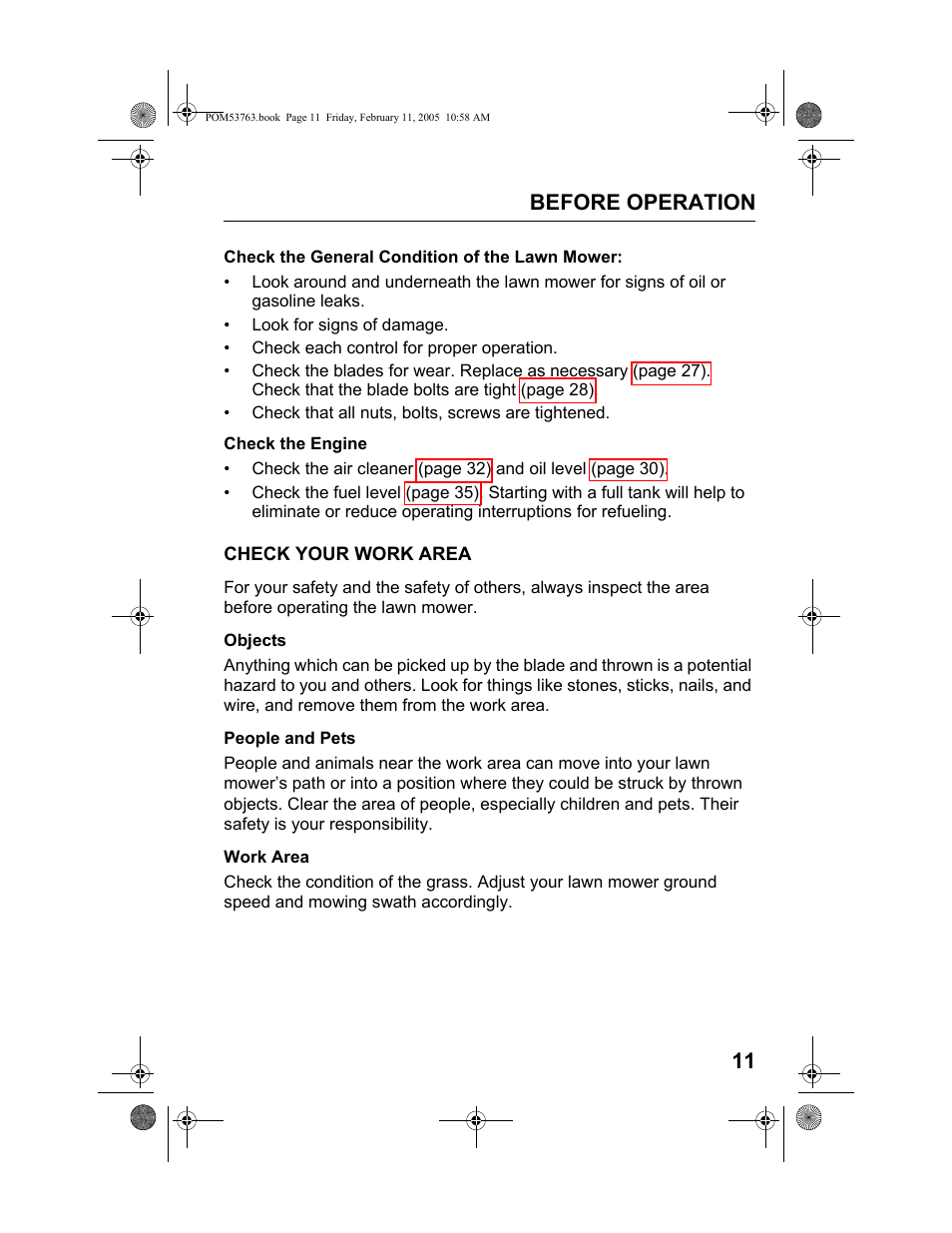 Check your work area, Before operation 11 | HONDA HRR216TKA User Manual | Page 13 / 66