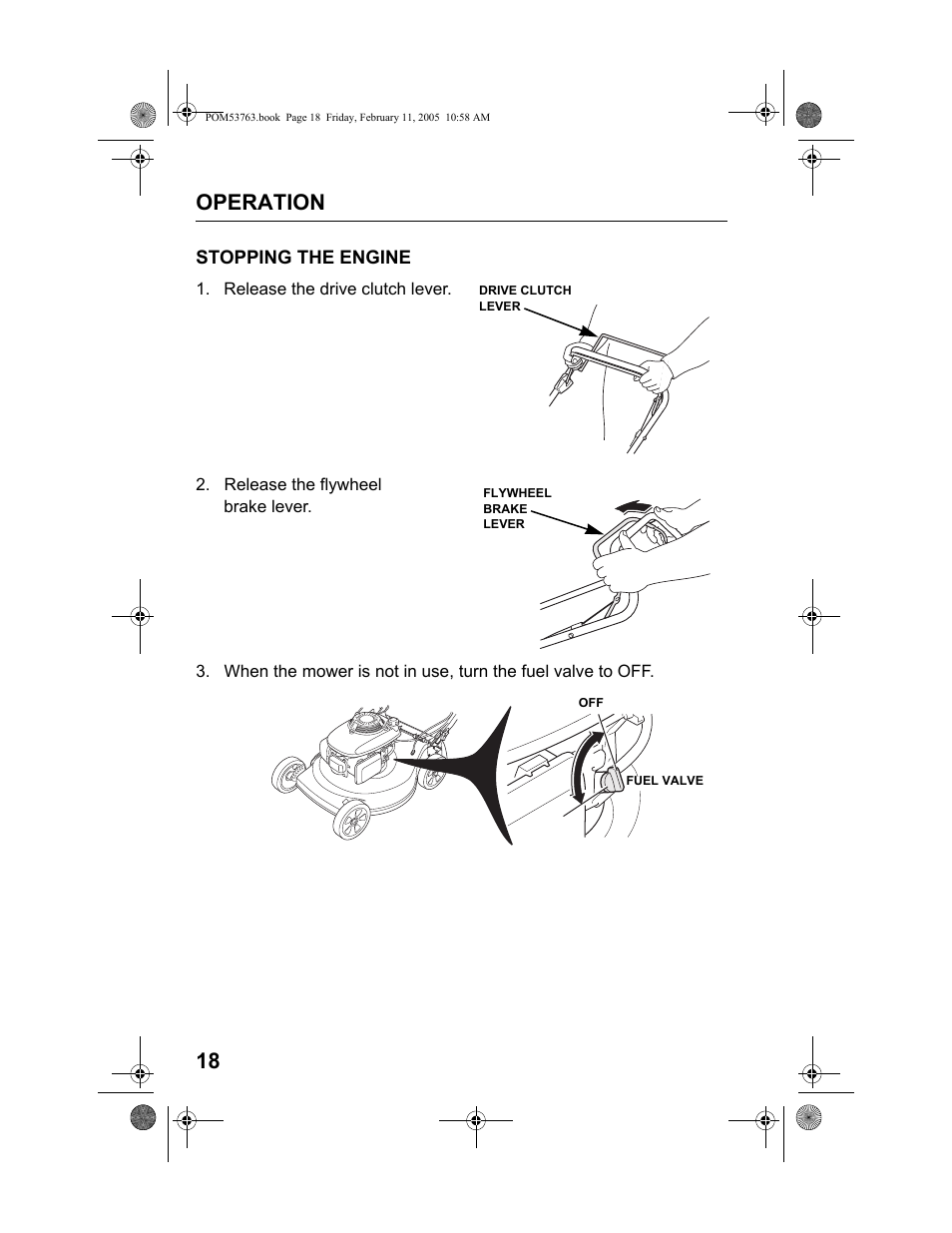 Stopping the engine, Operation 18 | HONDA HRR216TKA User Manual | Page 20 / 66