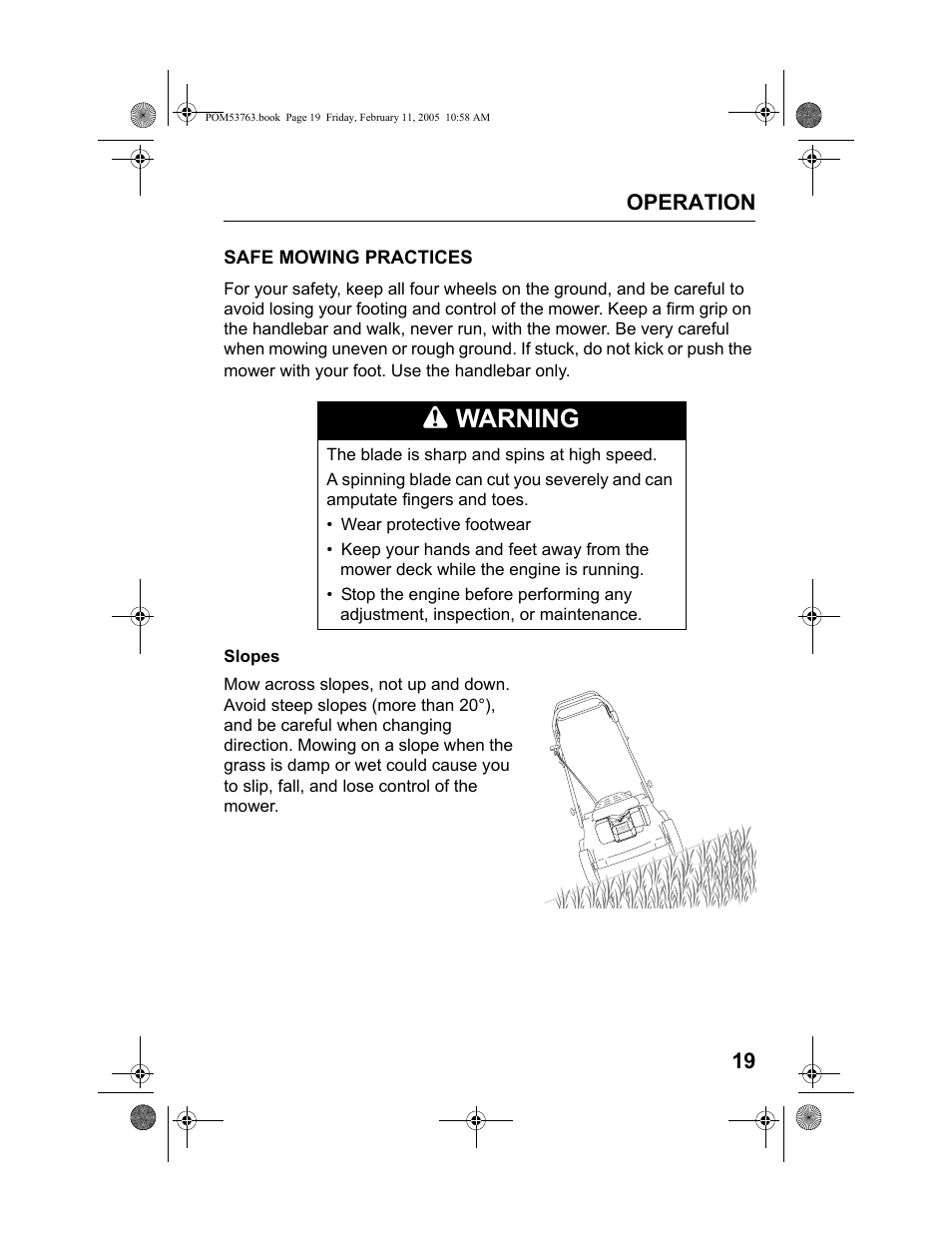 Safe mowing practices, Warning, Operation 19 | HONDA HRR216TKA User Manual | Page 21 / 66