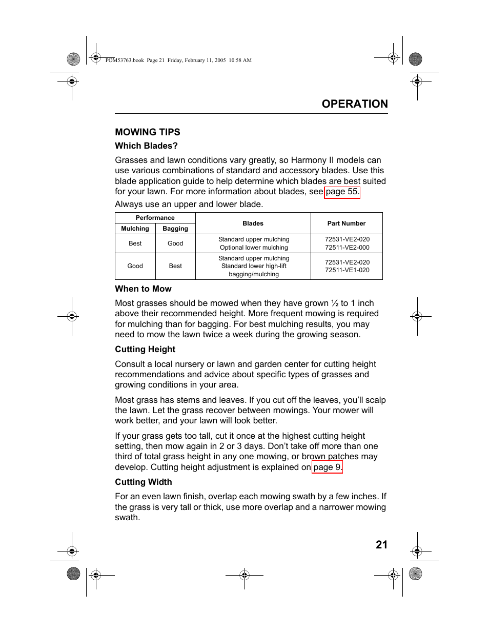 Mowing tips, Operation 21 | HONDA HRR216TKA User Manual | Page 23 / 66