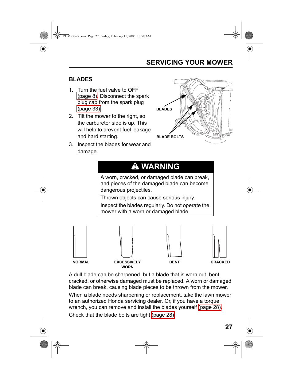 Blades, Warning, Servicing your mower 27 | HONDA HRR216TKA User Manual | Page 29 / 66