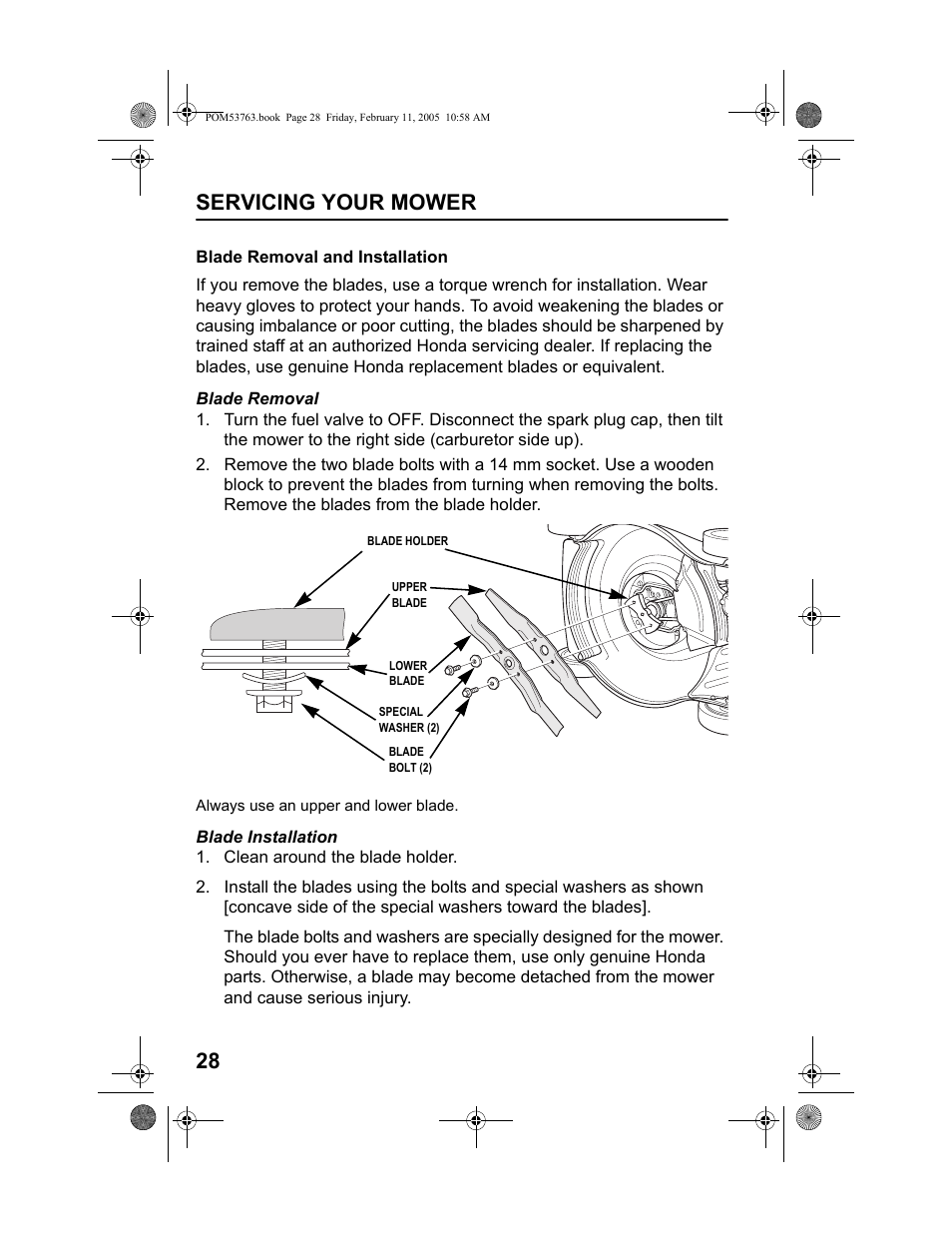 Blade removal and installation, Servicing your mower 28 | HONDA HRR216TKA User Manual | Page 30 / 66