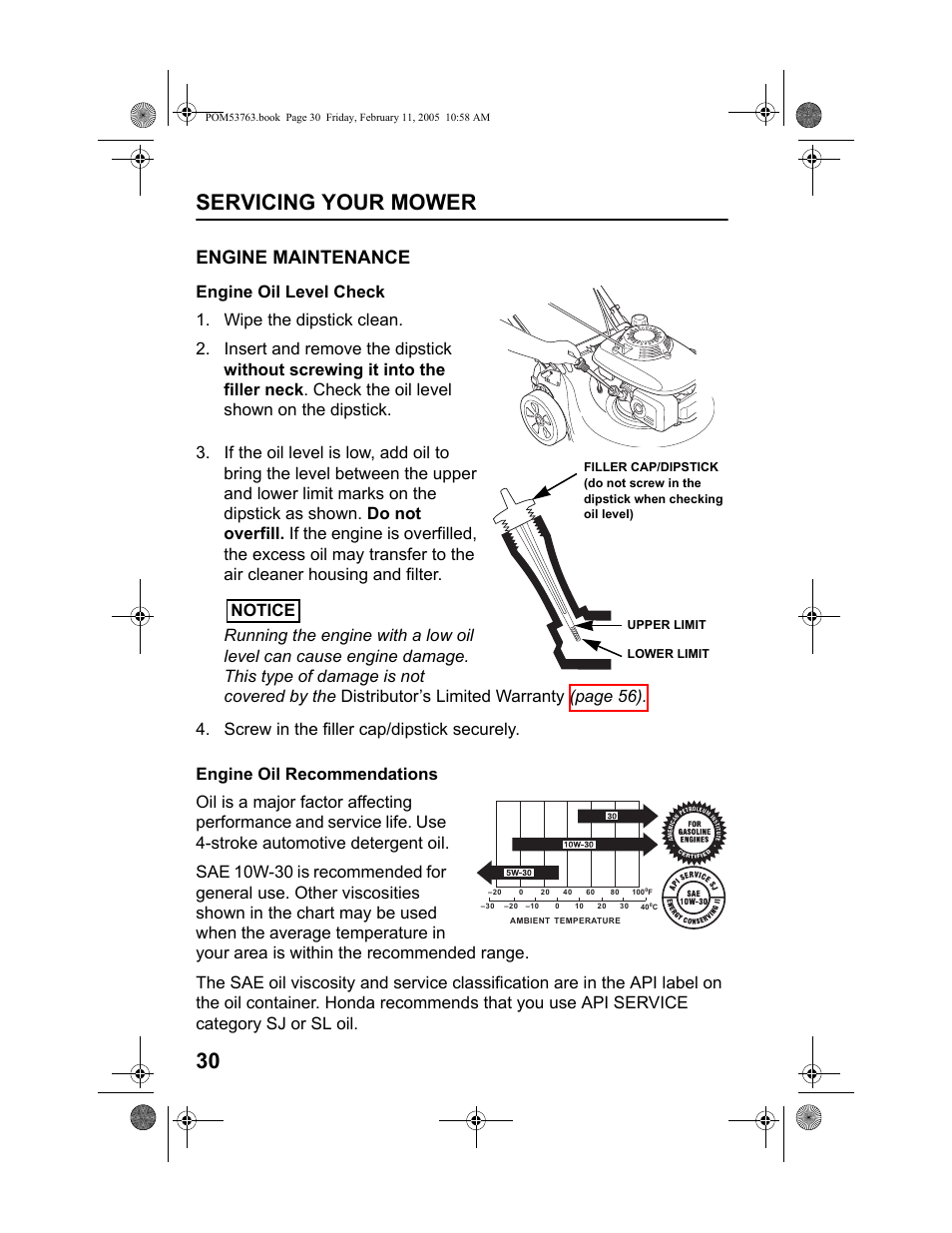 Engine maintenance, Engine oil level check, Engine oil recommendations | Servicing your mower 30 | HONDA HRR216TKA User Manual | Page 32 / 66