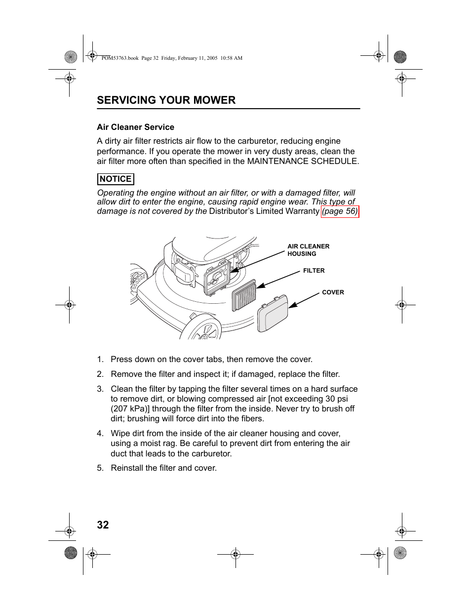 Air cleaner service, Servicing your mower 32 | HONDA HRR216TKA User Manual | Page 34 / 66