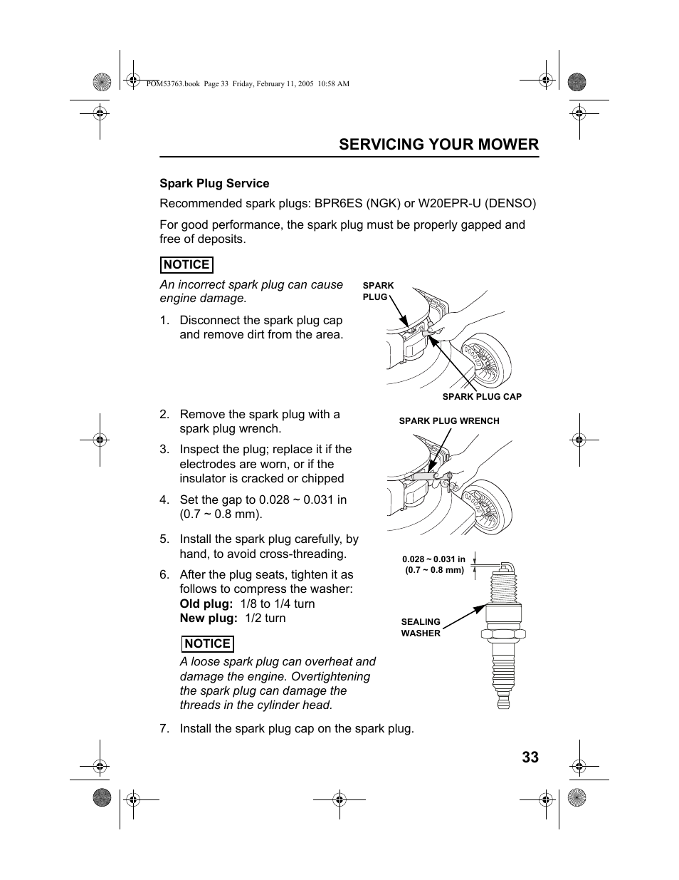 Spark plug service, Servicing your mower 33 | HONDA HRR216TKA User Manual | Page 35 / 66