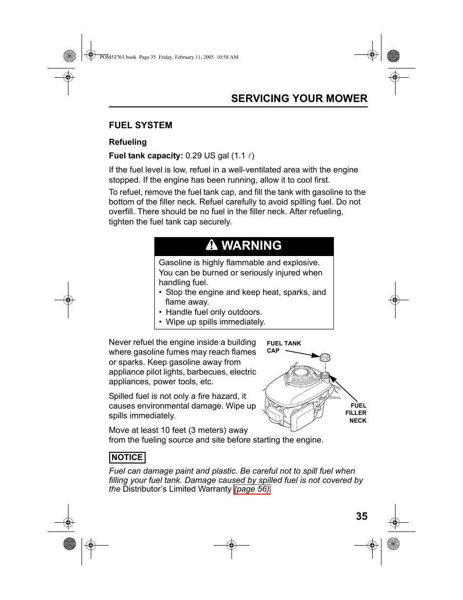 Fuel system, Refueling, Warning | Servicing your mower 35 | HONDA HRR216TKA User Manual | Page 37 / 66