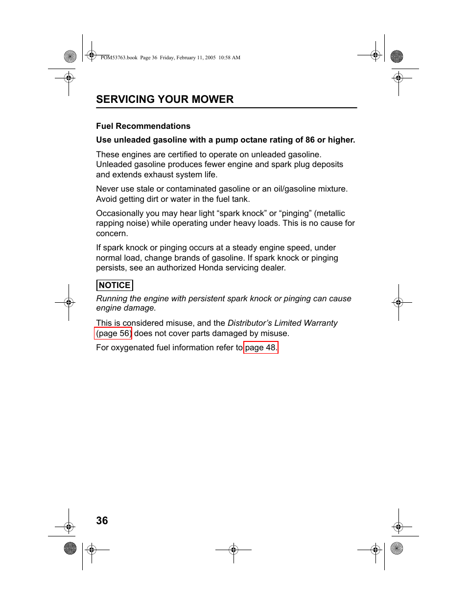 Fuel recommendations, Servicing your mower 36 | HONDA HRR216TKA User Manual | Page 38 / 66