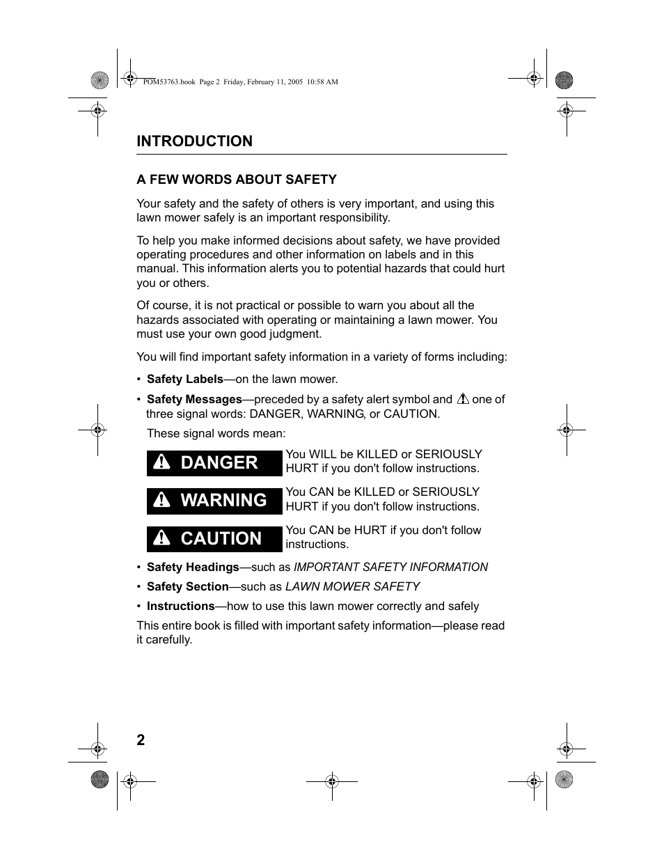 A few words about safety, Danger, Warning | Caution | HONDA HRR216TKA User Manual | Page 4 / 66