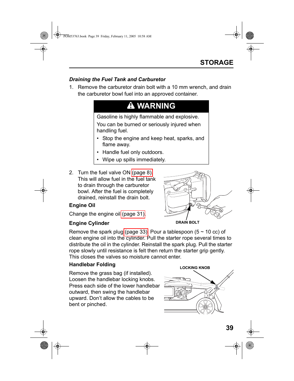 Warning, Storage 39 | HONDA HRR216TKA User Manual | Page 41 / 66