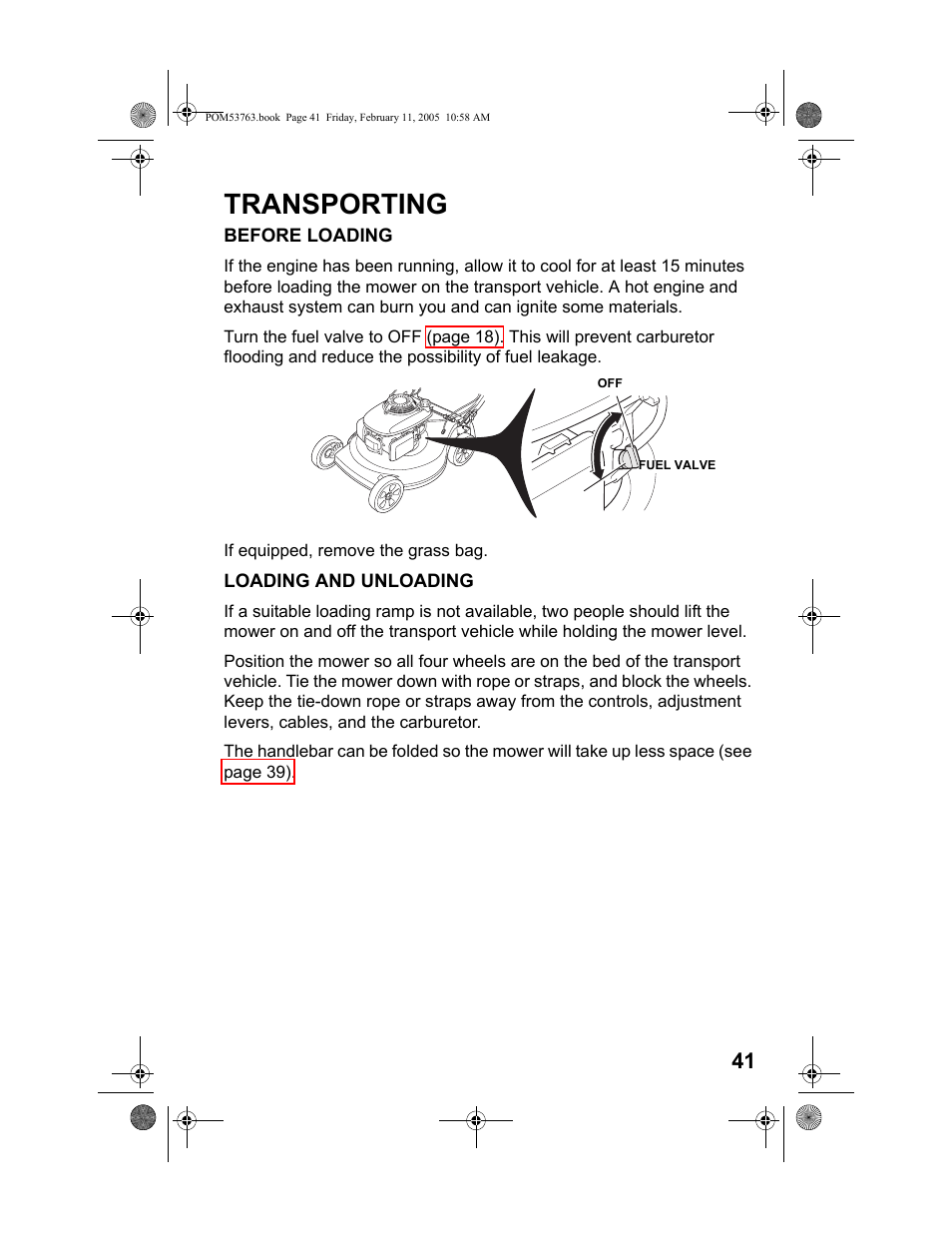 Transporting, Before loading, Loading and unloading | HONDA HRR216TKA User Manual | Page 43 / 66