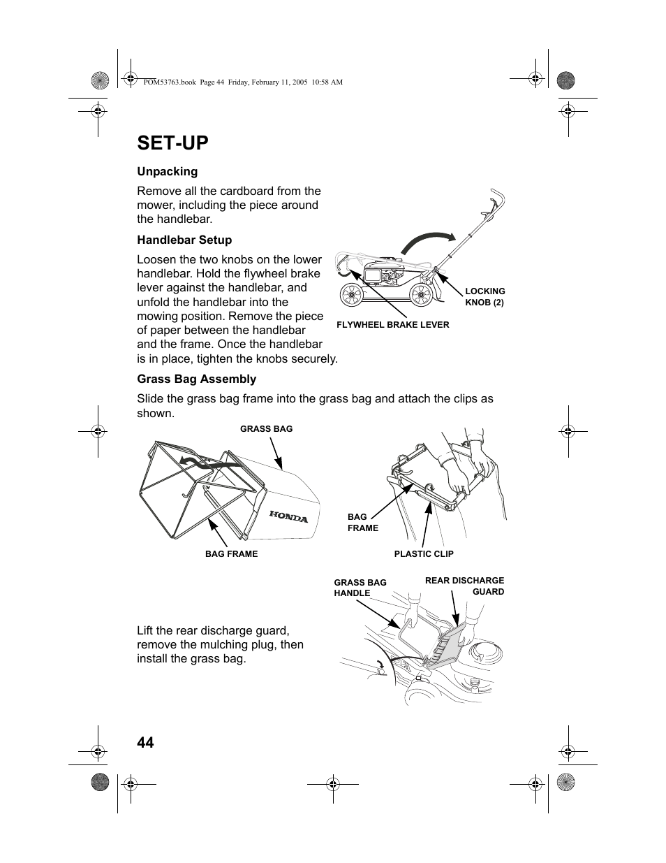 Set-up, Unpacking, Handlebar setup | Grass bag assembly | HONDA HRR216TKA User Manual | Page 46 / 66