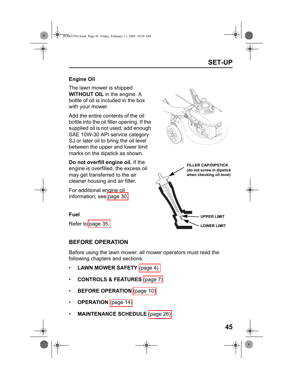 Engine oil, Fuel, Before operation | Set-up 45 | HONDA HRR216TKA User Manual | Page 47 / 66