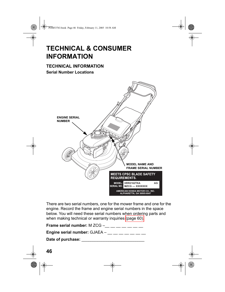 Technical & consumer information, Technical information, Serial number locations | HONDA HRR216TKA User Manual | Page 48 / 66