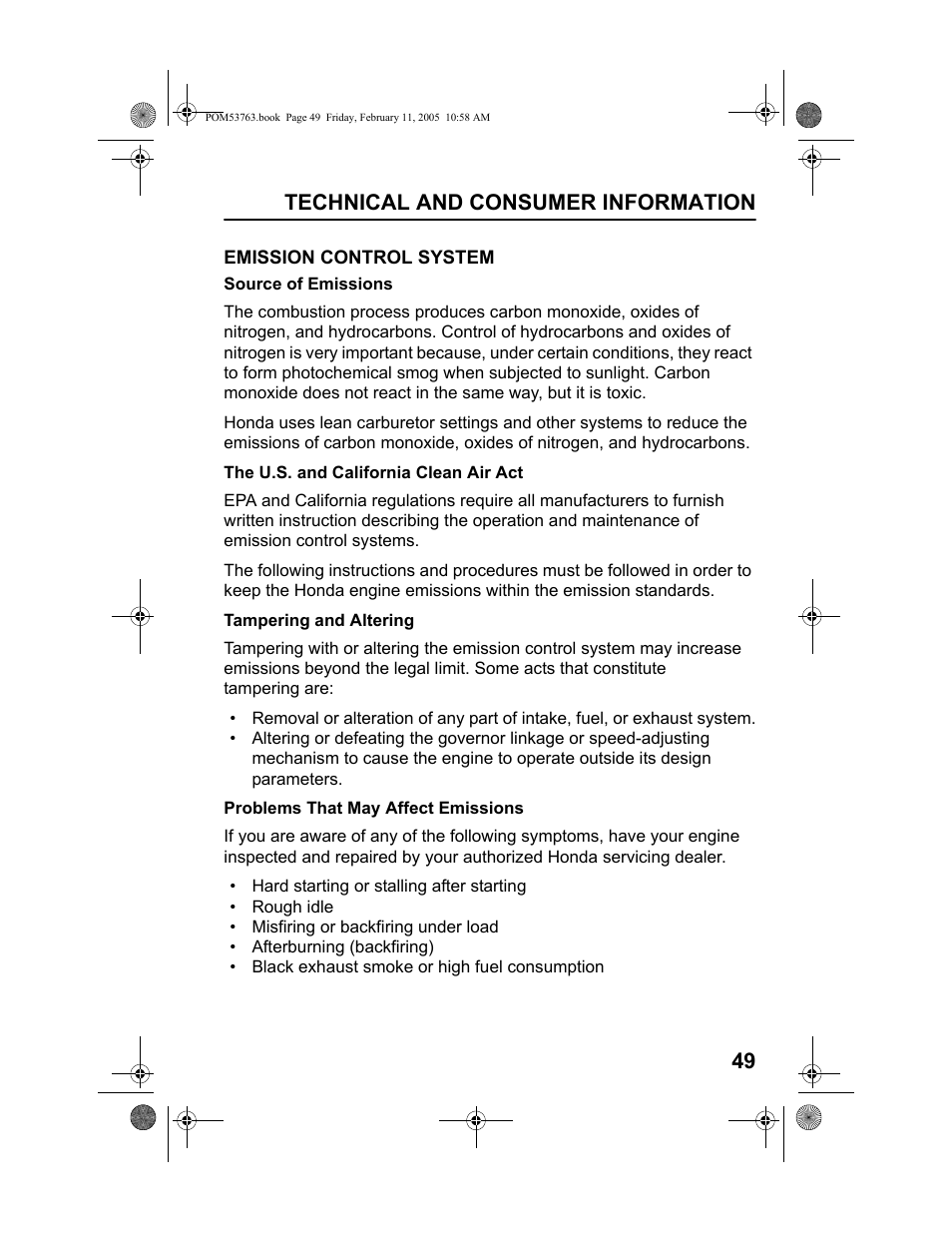 Emission control system, Technical and consumer information 49 | HONDA HRR216TKA User Manual | Page 51 / 66