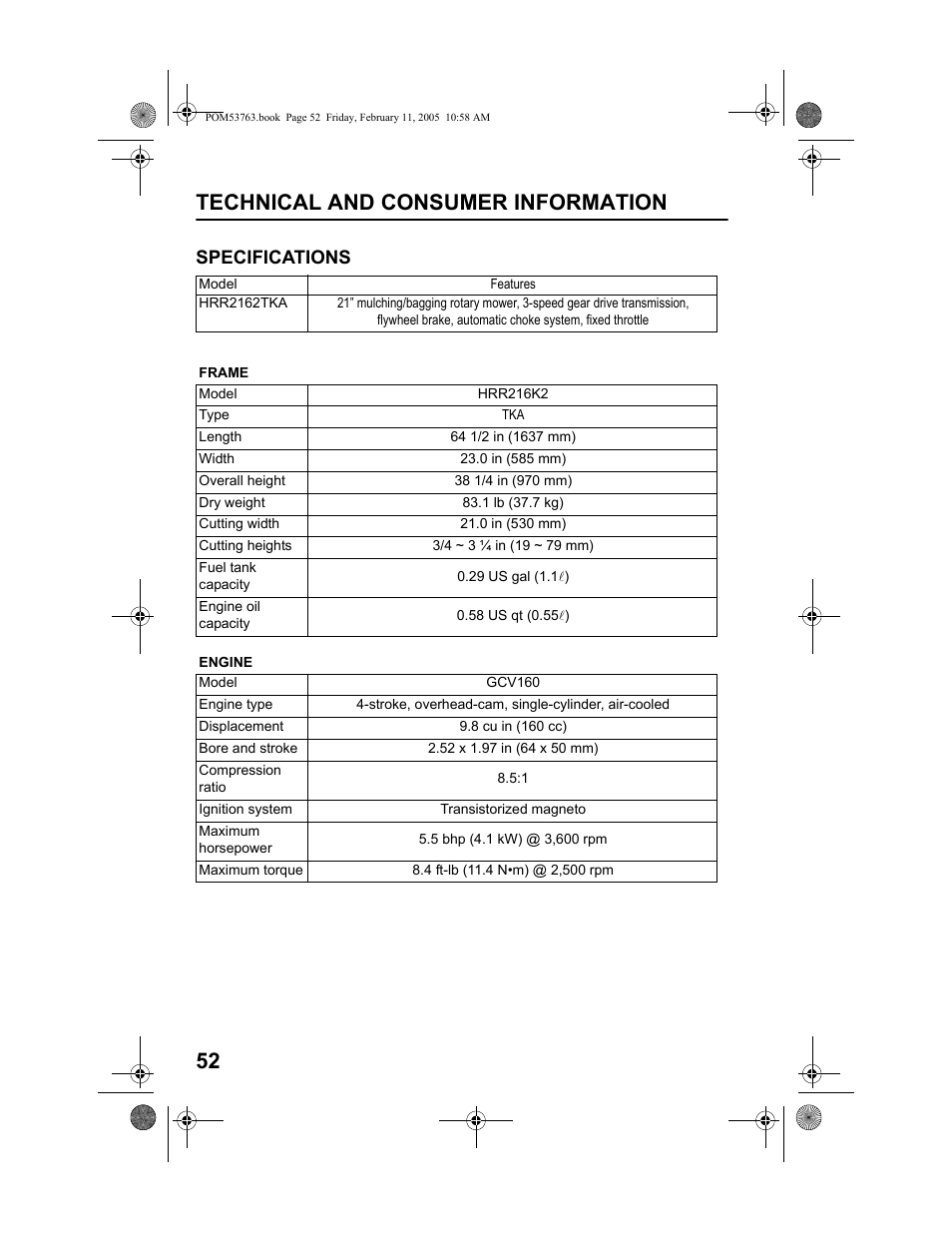 Specifications, Technical and consumer information 52 | HONDA HRR216TKA User Manual | Page 54 / 66