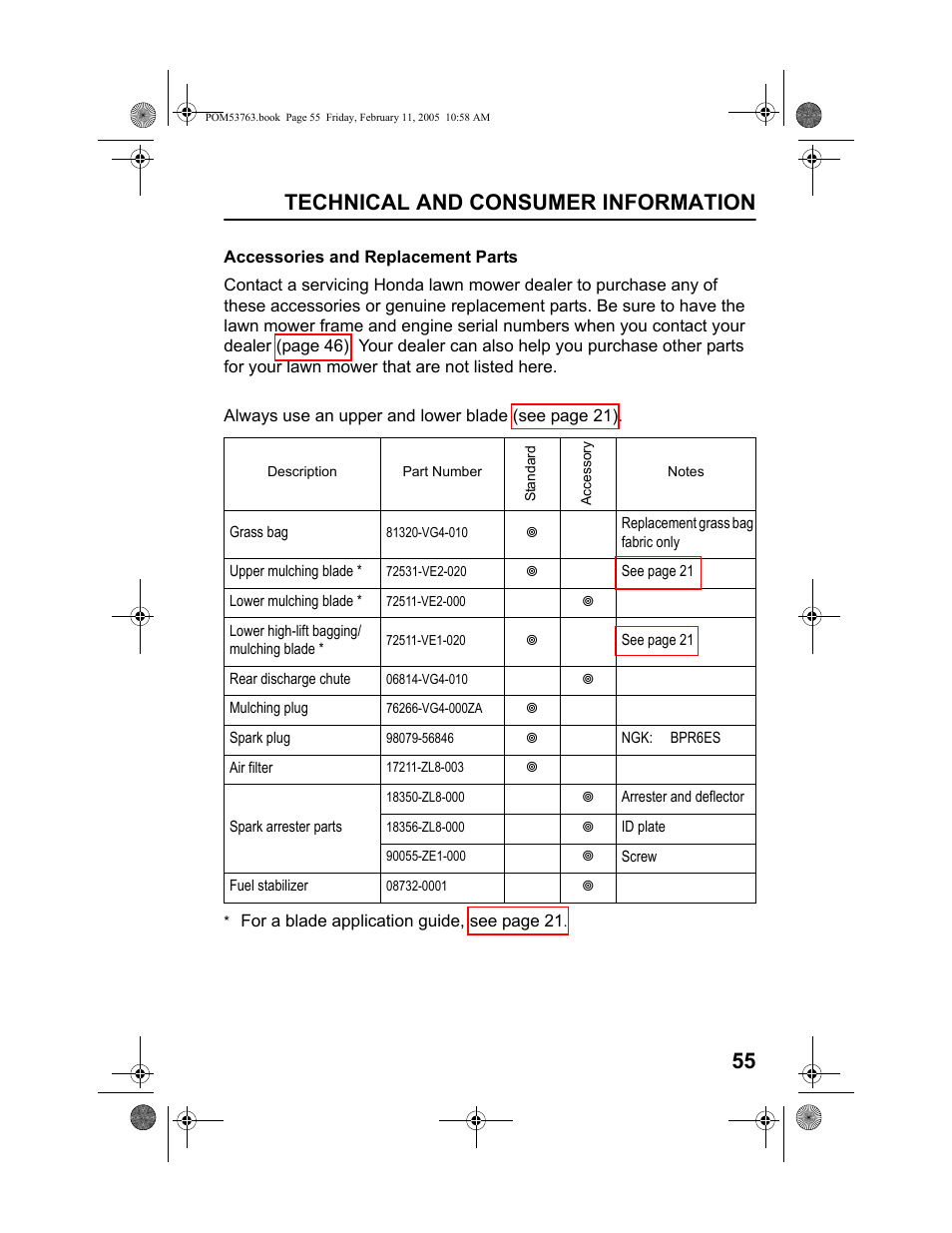 Accessories and replacement parts, Technical and consumer information 55 | HONDA HRR216TKA User Manual | Page 57 / 66