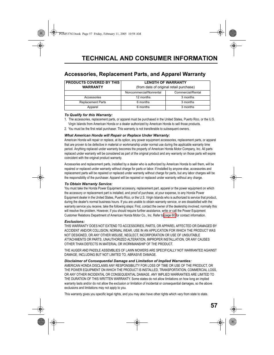Technical and consumer information 57 | HONDA HRR216TKA User Manual | Page 59 / 66