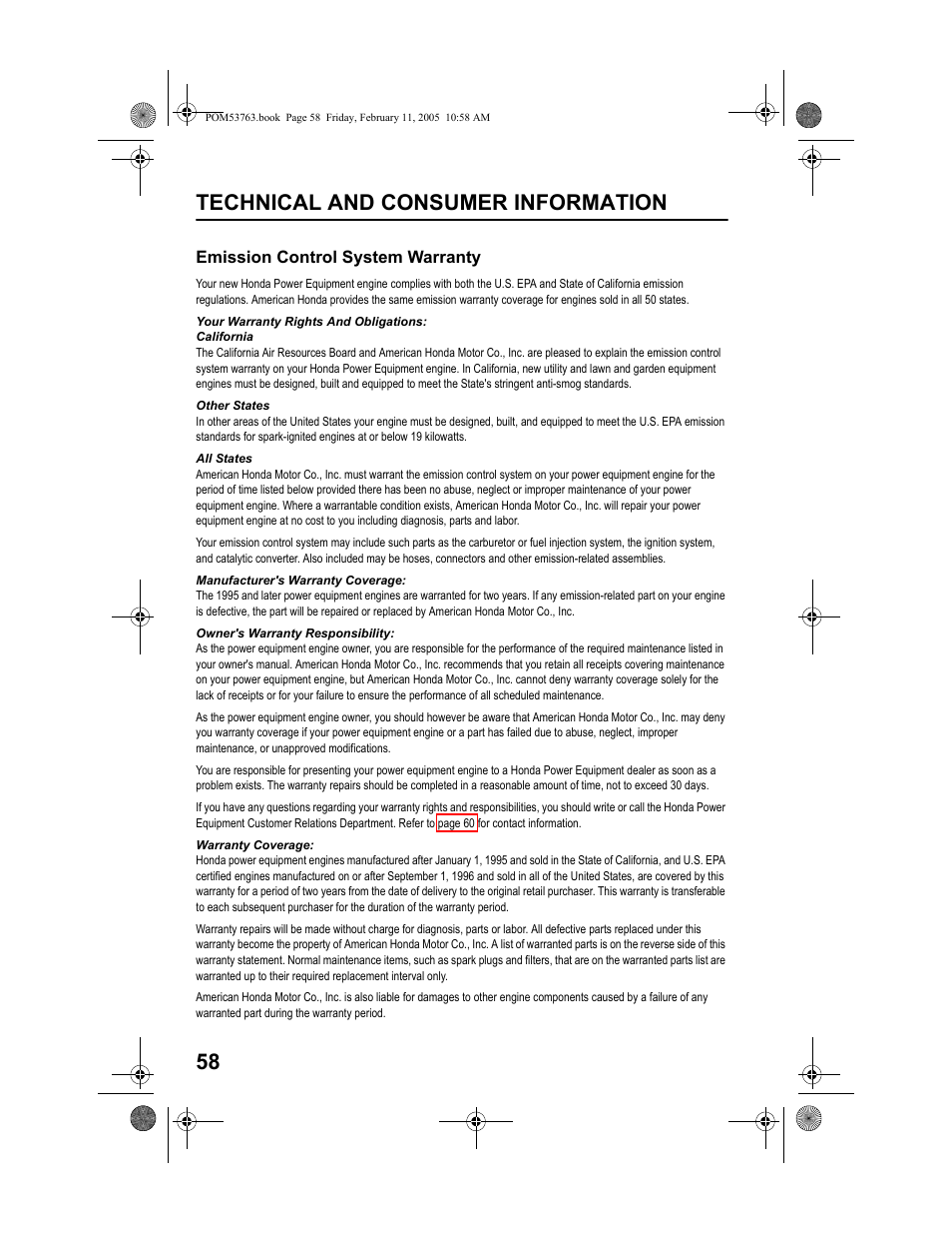 Emission control system warranty, Technical and consumer information 58 | HONDA HRR216TKA User Manual | Page 60 / 66