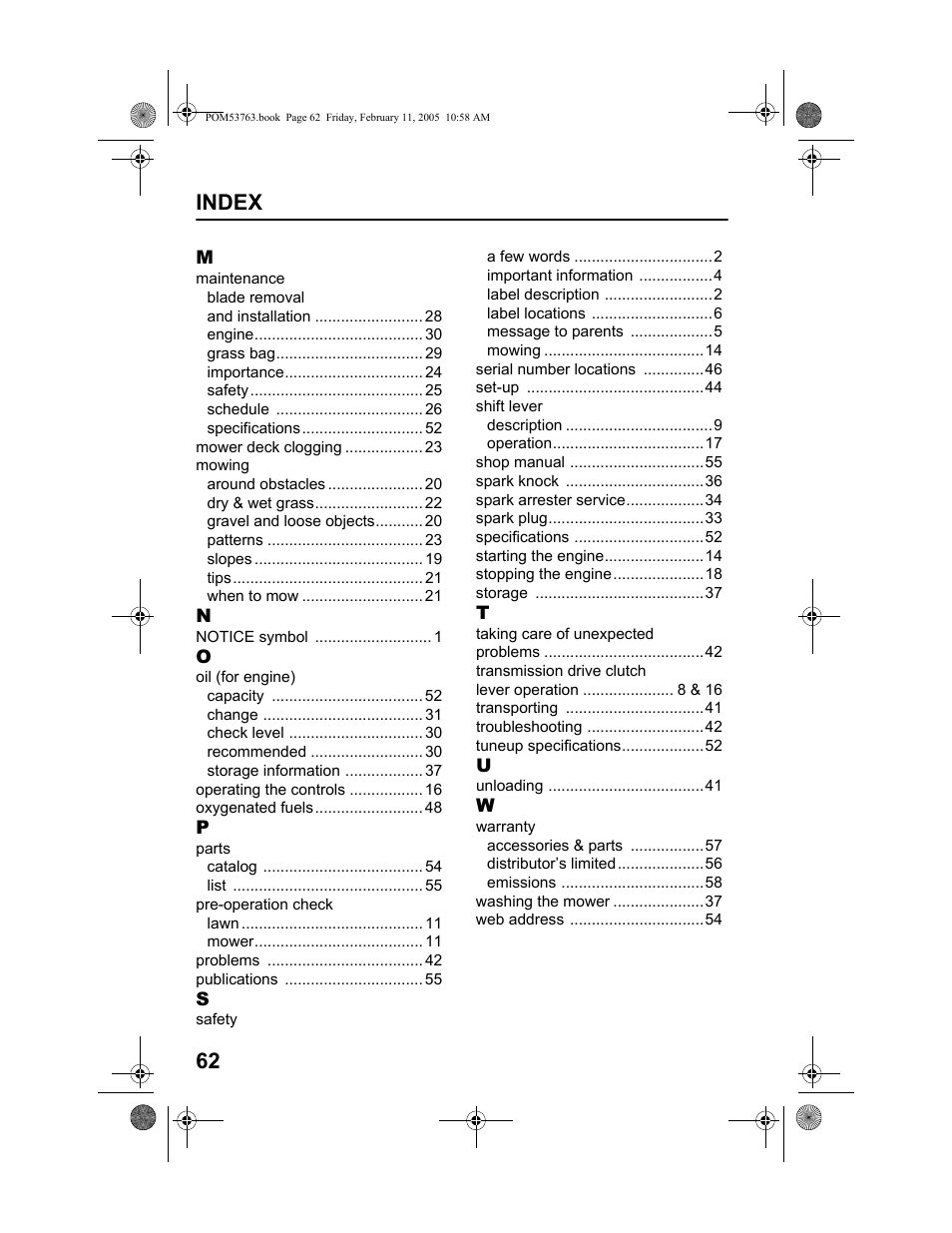 Index 62 | HONDA HRR216TKA User Manual | Page 64 / 66