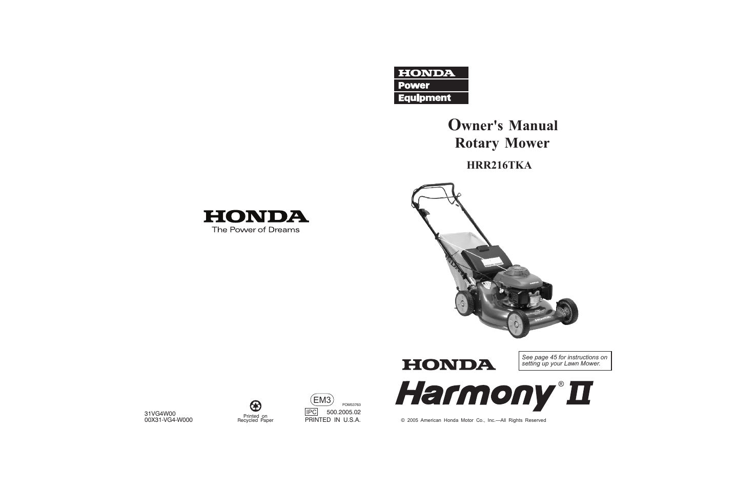 Rotary, Mower, Wner's | Manual, Hrr216tka | HONDA HRR216TKA User Manual | Page 66 / 66