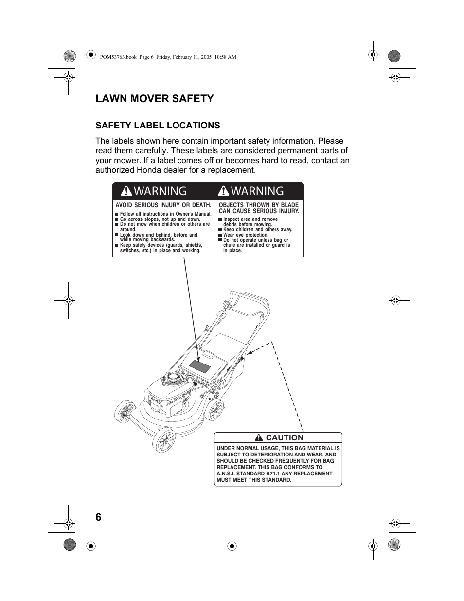 Safety label locations, Warning, Lawn mover safety 6 | HONDA HRR216TKA User Manual | Page 8 / 66