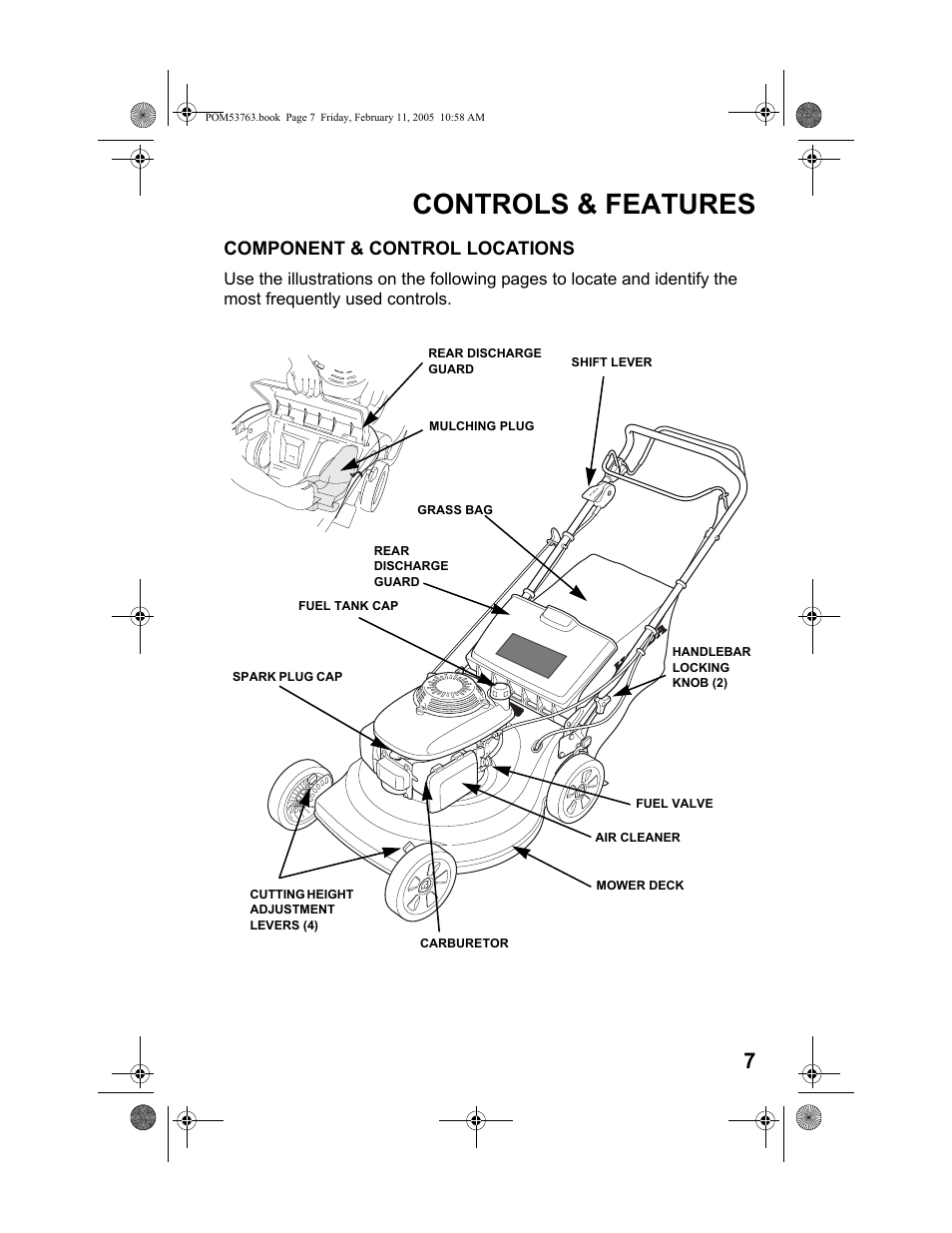 Controls & features, Component & control locations | HONDA HRR216TKA User Manual | Page 9 / 66