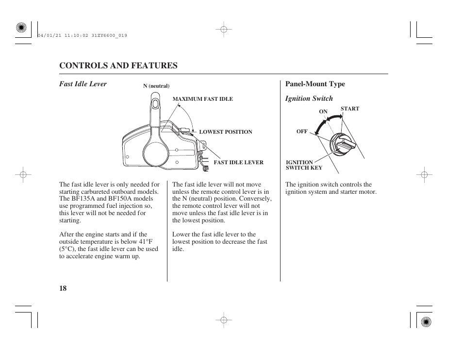 Panel-mount type, Controls and features | HONDA Outboard Motor BF135A User Manual | Page 20 / 118