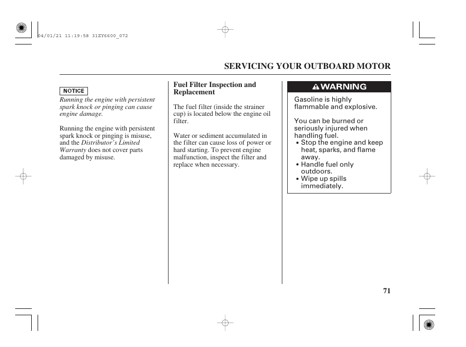 Fuel filter inspection and replacement | HONDA Outboard Motor BF135A User Manual | Page 73 / 118