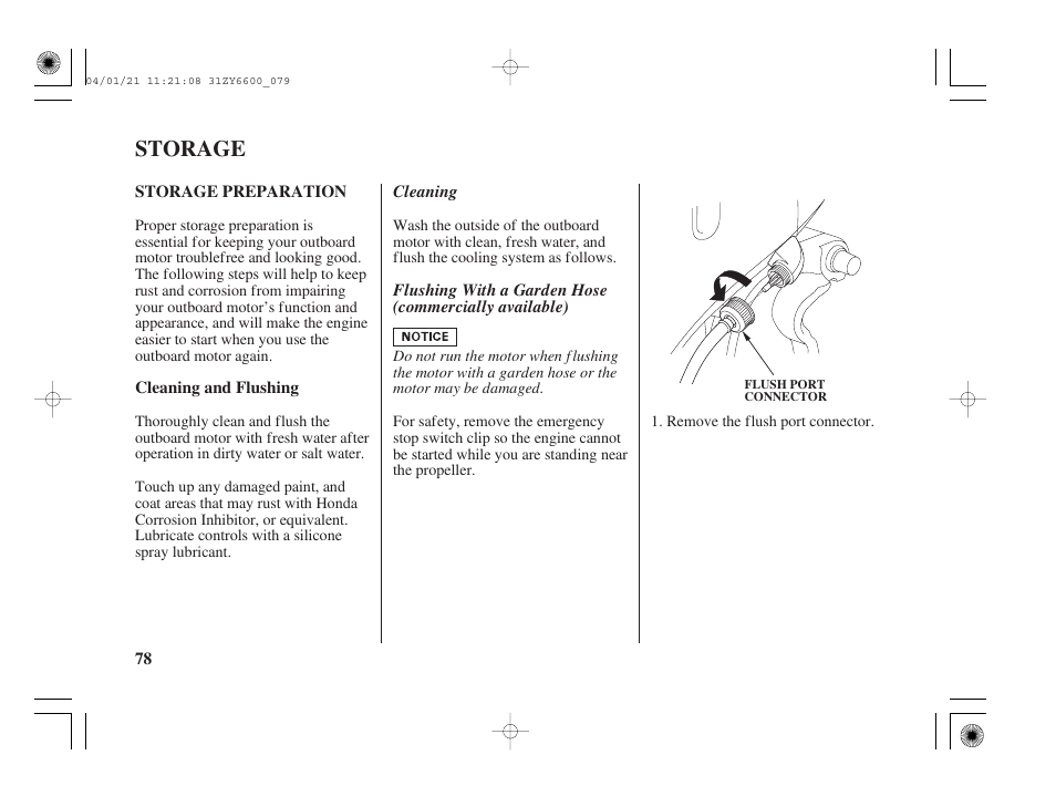 Storage, Storage preparation | HONDA Outboard Motor BF135A User Manual | Page 80 / 118