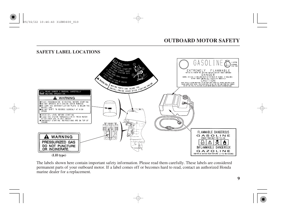 Safety label locations | HONDA Outdoor Motor BF50A User Manual | Page 11 / 126