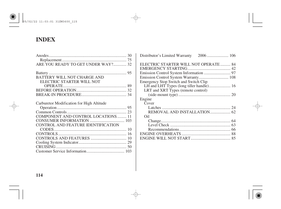 Index | HONDA Outdoor Motor BF50A User Manual | Page 116 / 126