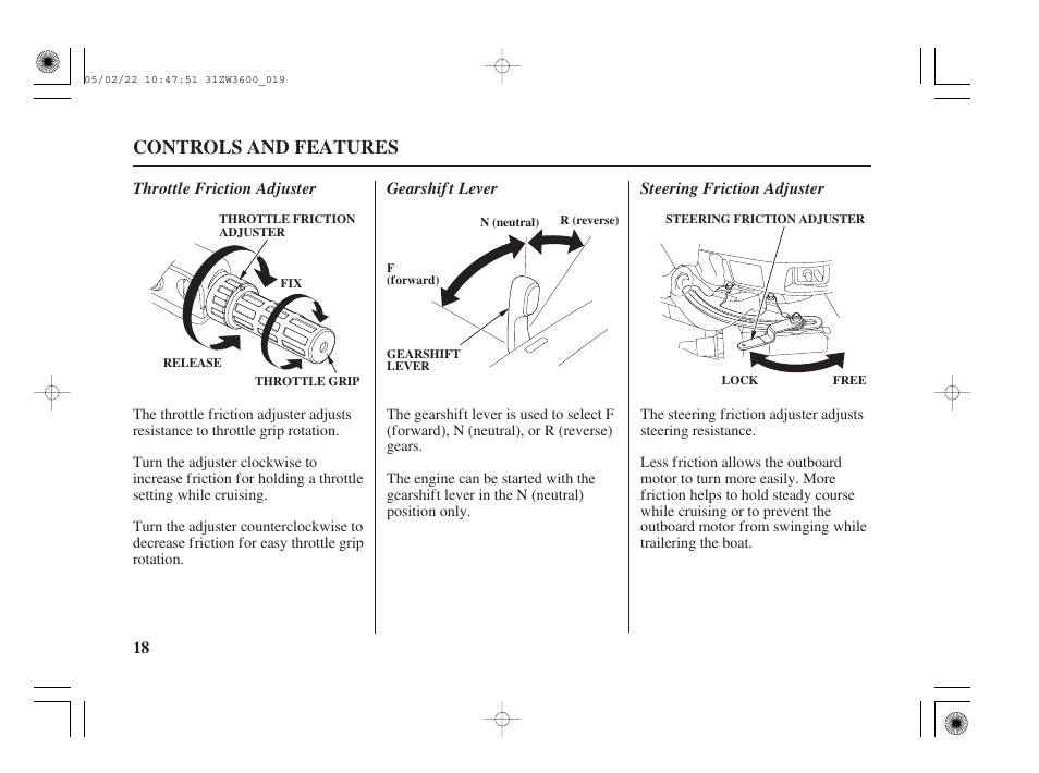 Throttle friction adjuster, Gearshift lever, Steering friction adjuster | Controls and features | HONDA Outdoor Motor BF50A User Manual | Page 20 / 126