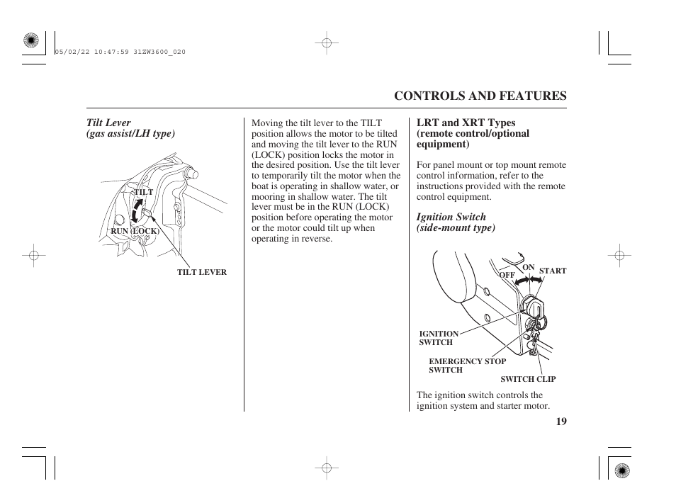 Tilt lever, Lrt and xrt types, Ignition switch | Controls and features | HONDA Outdoor Motor BF50A User Manual | Page 21 / 126
