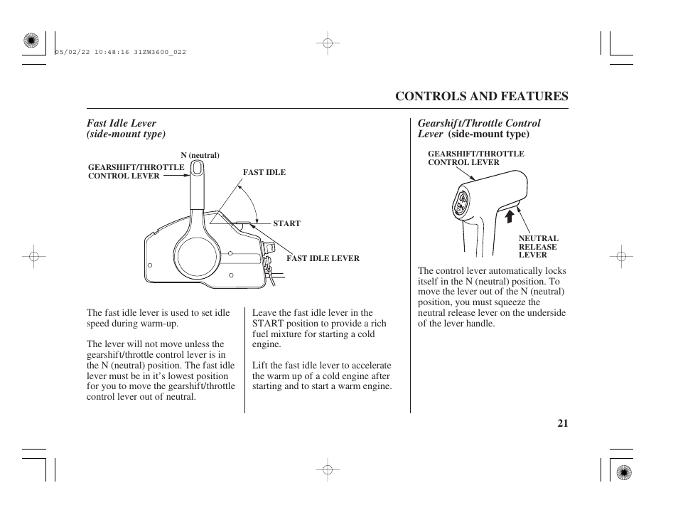 Fast idle lever, Gearshift/throttle control lever, Controls and features | HONDA Outdoor Motor BF50A User Manual | Page 23 / 126