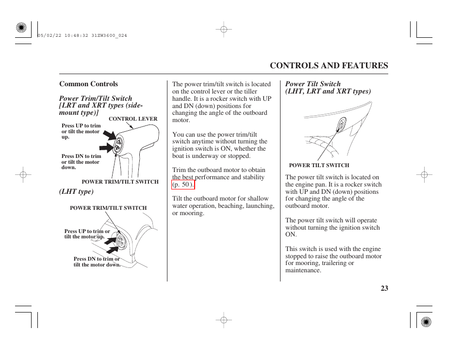 Common controls, Power trim/tilt switch, Power tilt switch | Controls and features, 23 common controls | HONDA Outdoor Motor BF50A User Manual | Page 25 / 126