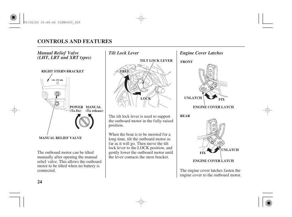 Manual relief valve, Tilt lock lever, Engine cover latches | Controls and features | HONDA Outdoor Motor BF50A User Manual | Page 26 / 126