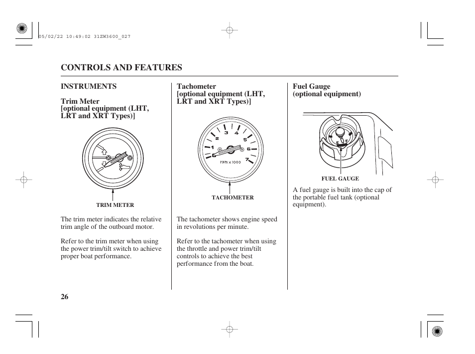Instruments, Trim meter, Tachometer | Fuel gauge | HONDA Outdoor Motor BF50A User Manual | Page 28 / 126