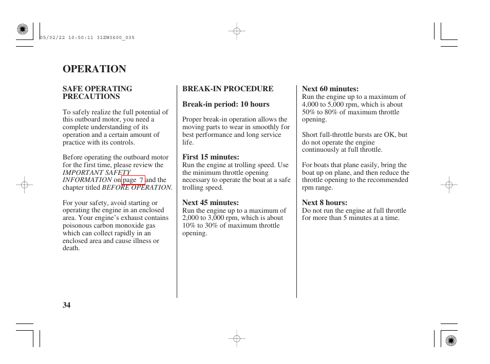 Operation, Safe operating precautions, Break-in procedure | HONDA Outdoor Motor BF50A User Manual | Page 36 / 126