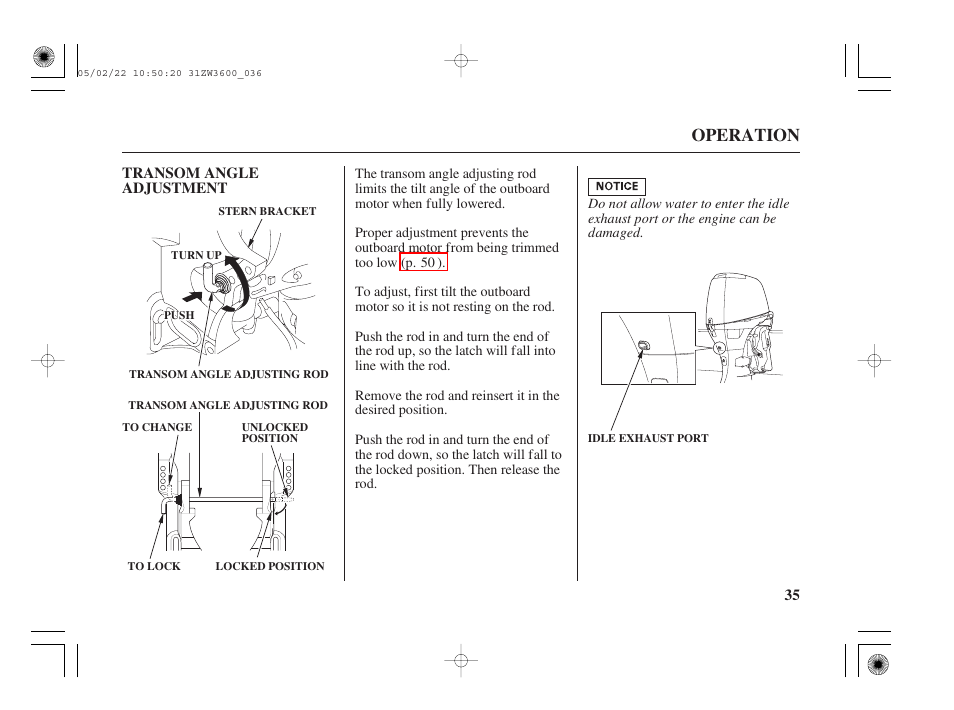 Transom angle adjustment, Operation | HONDA Outdoor Motor BF50A User Manual | Page 37 / 126