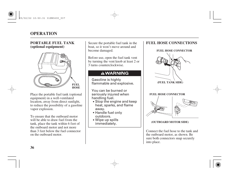 Portable fuel tank (optional), Fuel hose connections, Operation | HONDA Outdoor Motor BF50A User Manual | Page 38 / 126