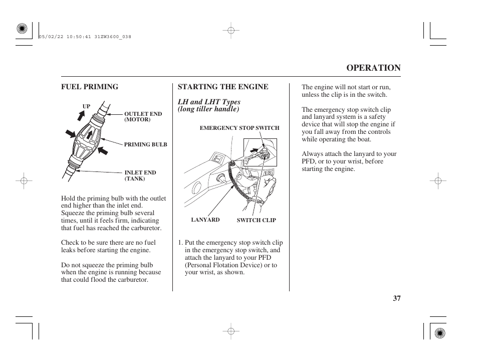 Fuel priming, Starting the engine, Operation | HONDA Outdoor Motor BF50A User Manual | Page 39 / 126