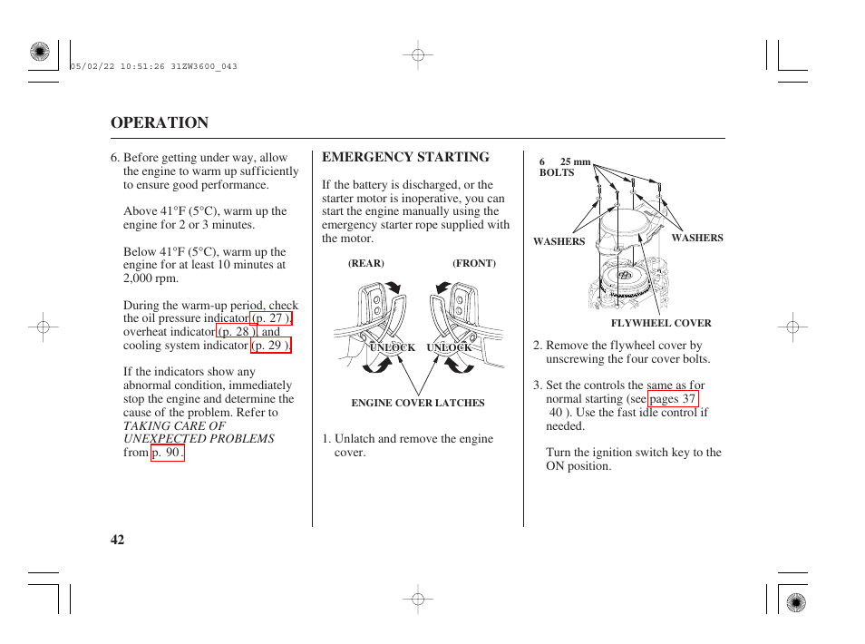 Emergency starting, Operation | HONDA Outdoor Motor BF50A User Manual | Page 44 / 126