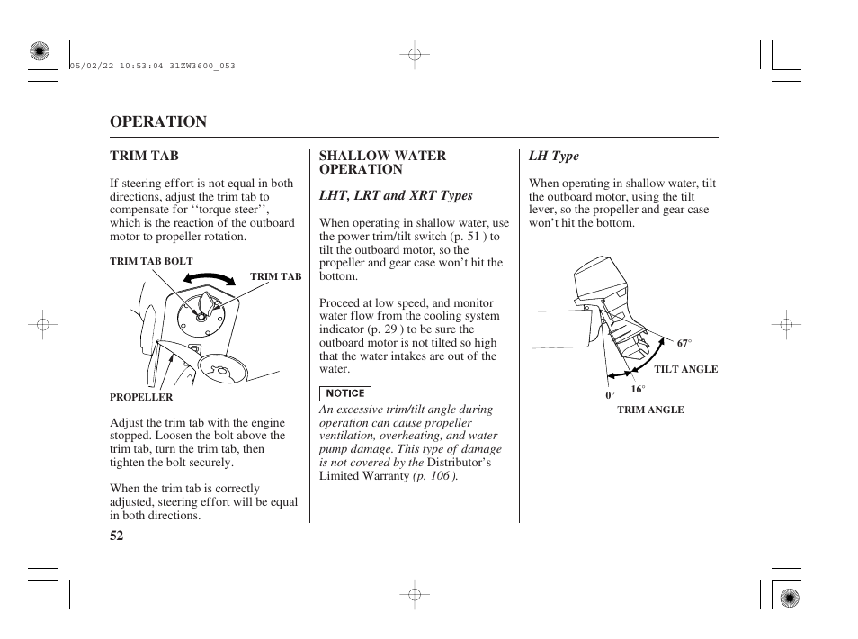 Trim tab, Shallow water operation, Operation | HONDA Outdoor Motor BF50A User Manual | Page 54 / 126