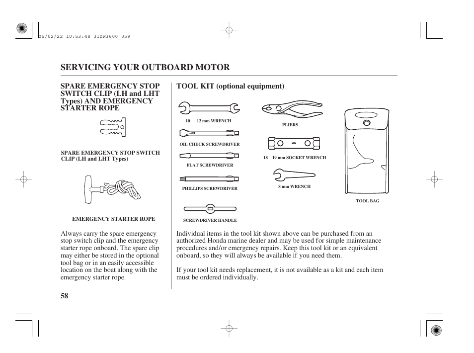 Tool kit, Servicing your outboard motor | HONDA Outdoor Motor BF50A User Manual | Page 60 / 126
