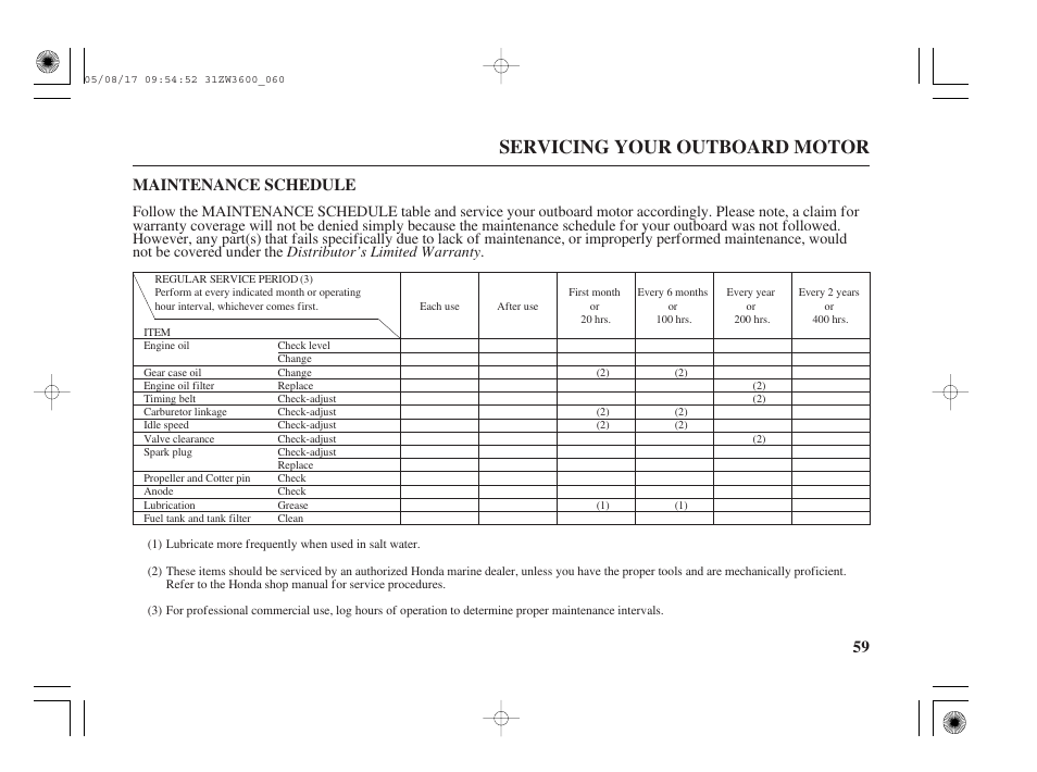 Maintenance schedule, Servicing your outboard motor, 59 maintenance schedule | HONDA Outdoor Motor BF50A User Manual | Page 61 / 126