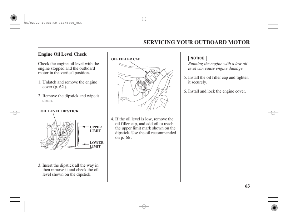 Engine oil level check | HONDA Outdoor Motor BF50A User Manual | Page 65 / 126