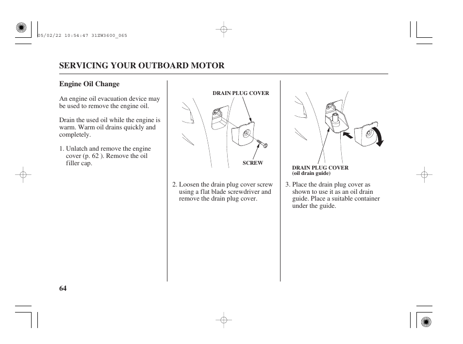 Engine oil change | HONDA Outdoor Motor BF50A User Manual | Page 66 / 126