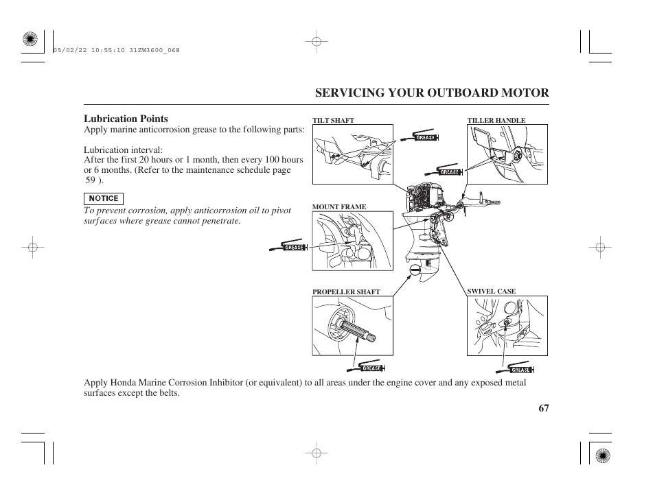 Lubrication points, Servicing your outboard motor | HONDA Outdoor Motor BF50A User Manual | Page 69 / 126