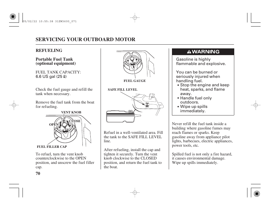 Refueling, Portable fuel tank (optional), Servicing your outboard motor | HONDA Outdoor Motor BF50A User Manual | Page 72 / 126